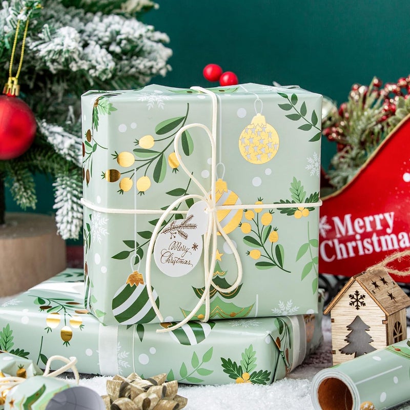 Retrify Light Green Wrapping Paper Roll - Metallic Gold Foil Bells, Berry and White Snowflake Mini Roll Gift Wrap Paper for Christmas Holiday Festive Decoration - 17 Inches x 32.8 Feet - Image 5